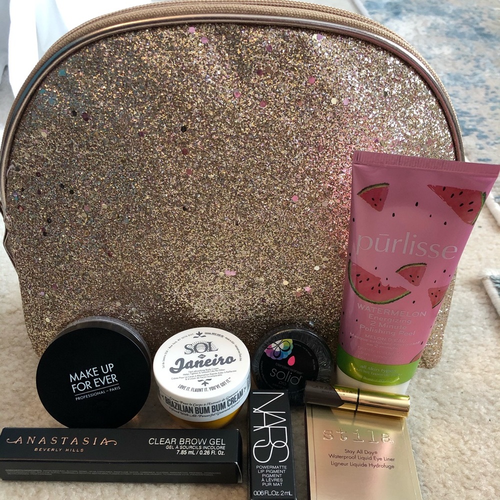 Gold Glitter Bag w/ Brand New Makeup